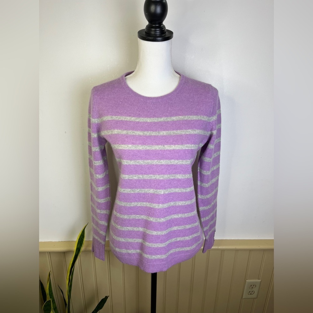Talbots 100% Cashmere Sweater S Lavender Gray Stripe Softcore Preppy Cozy Hygge